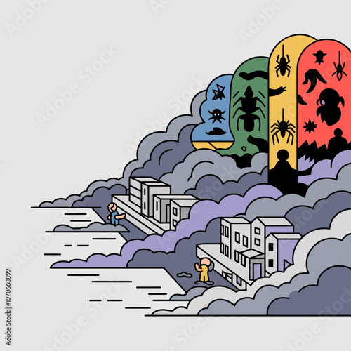 Abstract illustration of urban pollution and environmental crisis with silhouetted insects rising above city buildings in a flat minimalist style with a gray background