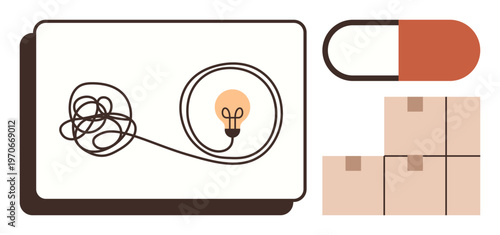 Problem-solving, creativity, logistics, healthcare, innovation, solutions. A tangled cord forming a light bulb, a capsule pill and stacked boxes. Problem-solving and creativity in minimal visuals
