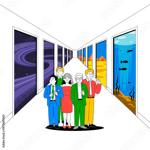 Diverse group of professionals standing in a futuristic corridor with multiple doors leading to different worlds like outer space and underwater scenes in a cartoon style