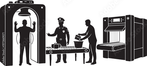 Airport security checkpoint with scanner and officer inspecting luggage