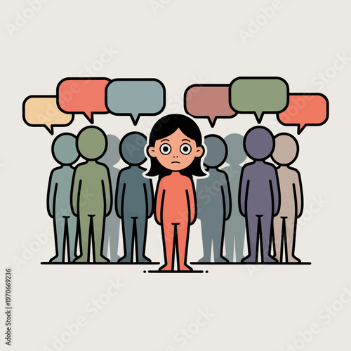 Lonely young woman standing out from a crowd of diverse anonymous figures with speech bubbles above their heads in a flat minimalist vector illustration about social isolation