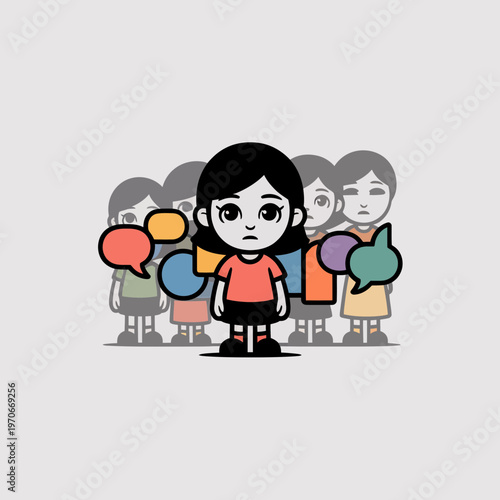 Sad young girl standing alone surrounded by ghostly figures and colorful speech bubbles representing social anxiety and feeling overwhelmed by negative peer pressure today