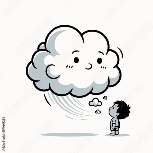 Cute little boy looking up at a friendly cartoon cloud floating in the sky illustrating imagination dreams and childhood wonder in a simple minimalist graphic art style
