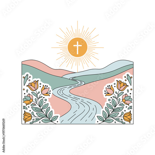 Christian Landscape with Sun and Flowers