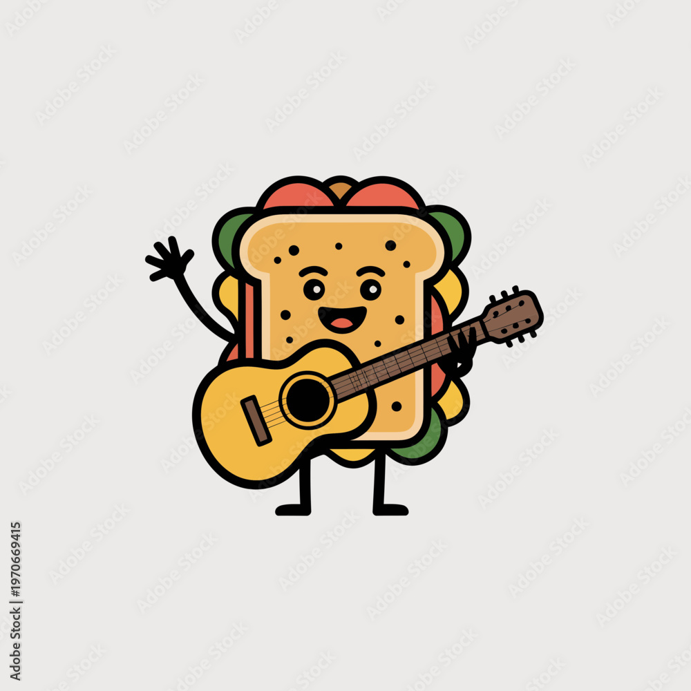 Fototapeta premium Happy cartoon sandwich character playing acoustic guitar and waving hand on a simple light gray background for fun mascot design or playful food themed graphic illustration