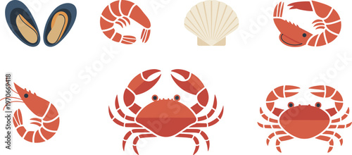 Seafood vector icon set featuring red crabs, prawns, shrimp, mussels, and seashells for restaurant menus, food packaging, and marine design.