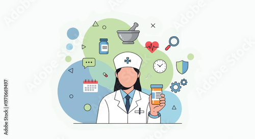 A female pharmacist stands confidently holding medicine surrounded by healthcare symbols and icons in a modern flat vector illustration for a pharmacy or medical concept.
