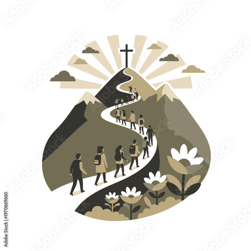 People Walking Up Mountain Path Towards Cross Symbolizing Faith Journey