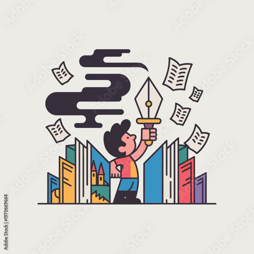 Young boy holding giant fountain pen nib creating magical story books concept flat vector illustration featuring colorful open book shapes and artistic ink smoke clouds