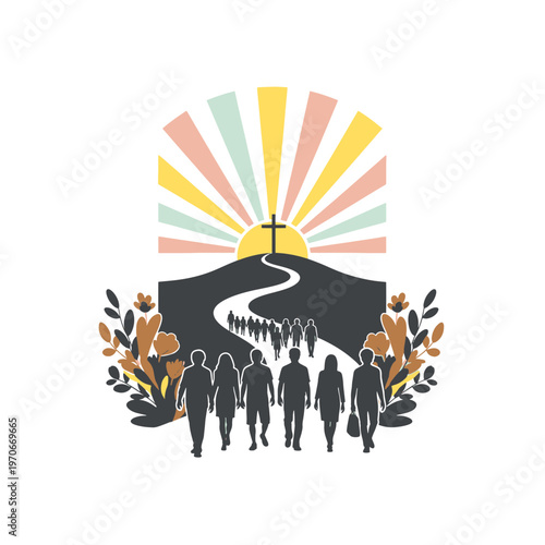 Obraz na plátně People Walking Up Road Towards Cross and Sunrise Symbolizing Faith Journey