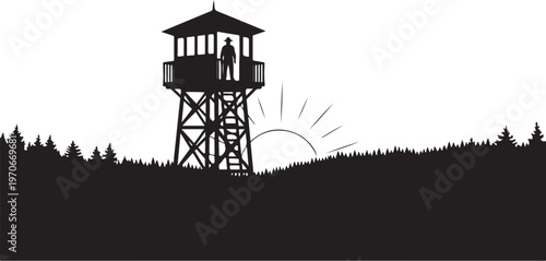 Silhouette of a person in a forest fire lookout tower