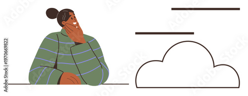 Decision-making, creativity, cloud computing, problem-solving, innovation, planning. Woman sitting at a table, hand on chin cloud illustration nearby. Decision-making and creativity concept