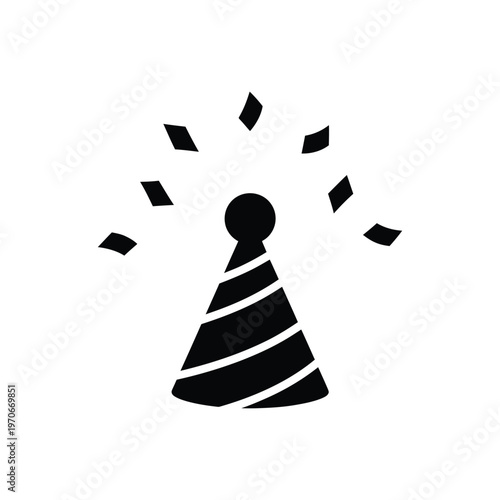 Party hat icon with confetti sparks for celebration events birthdays and festive holidays isolated black minimalist symbol for anniversary gatherings and surprise parties in modern flat style.