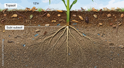 Soil layers with plant roots and organisms
