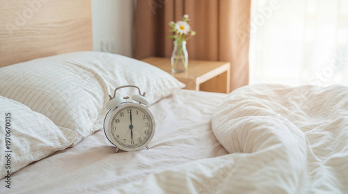 Photography Photograph of a cozy, unmade bed with striped white bedding, an alarm clock, and soft morning light
