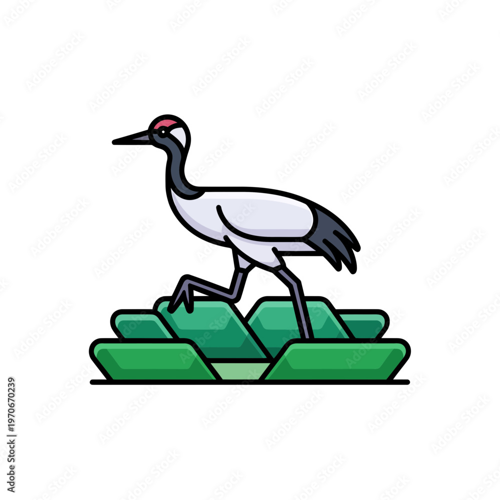 Fototapeta premium Minimalist vector illustration of a red crowned crane standing elegantly on stylized green rice paddy fields featuring bold outlines and flat colors for modern design use