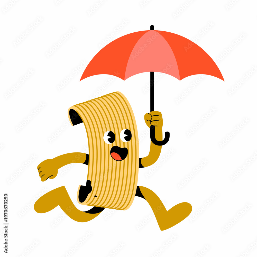 Fototapeta premium Funny cartoon pasta character running happily while holding a bright red umbrella on a clean white background for cute food mascot design and playful culinary illustration