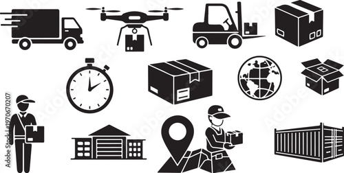 Logistics and Delivery Icons in Black and White Color Scheme