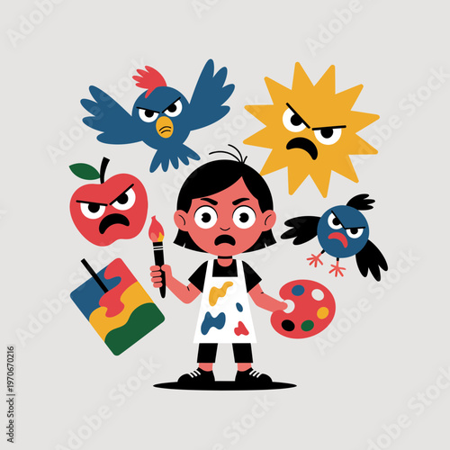 Frustrated young artist girl holding paintbrush and palette surrounded by angry cartoon elements like a grumpy sun and birds in a vibrant flat vector illustration style