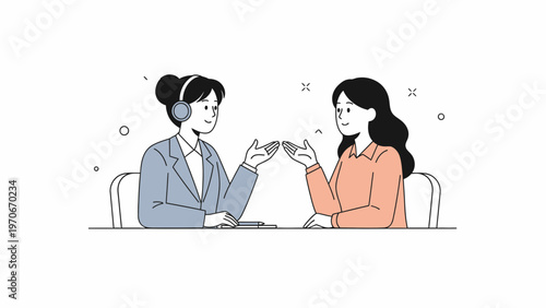 Two women talking, one wearing headphones, business meeting, communication concept