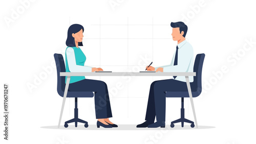 Business meeting: man and woman sitting at a table, discussing documents