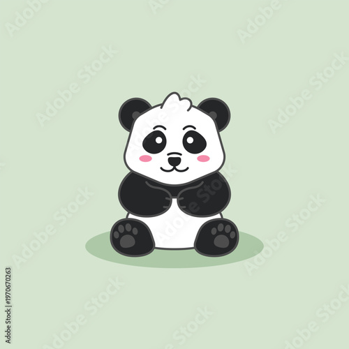Cute panda sits calmly on soft green ground. Big eyes and rosy cheeks show gentle expression. Perfect for children's books or playful design projects. Simple cartoon style brings warmth and charm