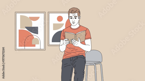 Man reading book in modern room with abstract art