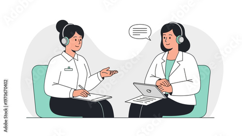 Two women in headphones talking, one taking notes, the other using a laptop.