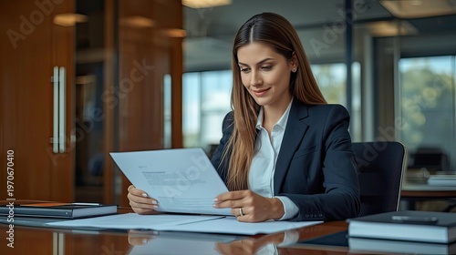 Businesswoman Reviewing Documents in Modern Office