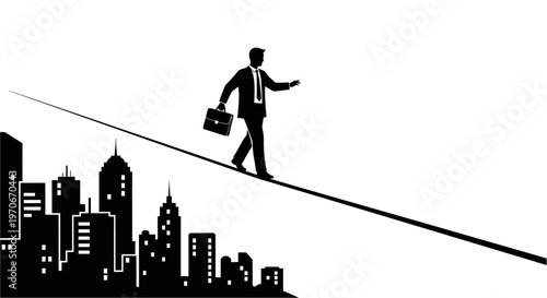 Silhouette of a businessman in a suit with a briefcase balancing on a tightrope above a city skyline, symbolizing corporate risk and career challenges.