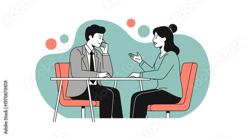 Business meeting: man and woman discussing at table, modern flat illustration
