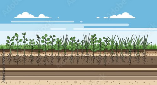 Soil layers with plants and roots growing underground