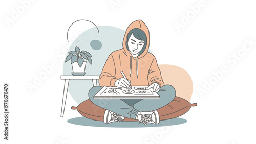 Young artist drawing in a sketchbook, creative hobby, illustration, home studio