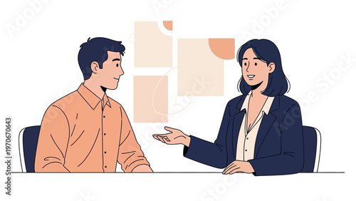 Business meeting: man and woman discussing ideas at a table, modern illustration