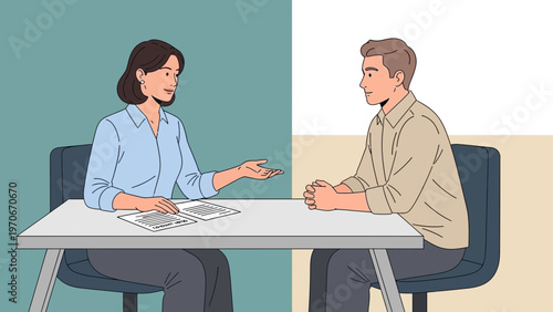 Job Interview: Woman Explains, Man Listens at Desk
