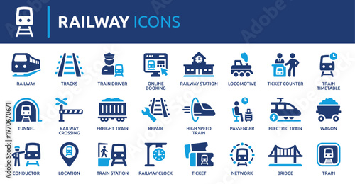 Railway icon set, contaning train, station, railroad, transportation, locomotive and track. Solid vector icon collection.
