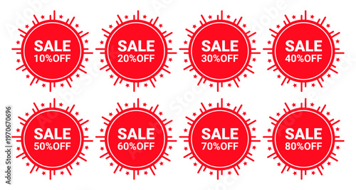  Red sale discount labels set with 10% to 80% percentage off for shopping promotion vector design