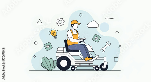 A man operates a lawn mower surrounded by various icons in a modern flat vector illustration outdoors in daytime.