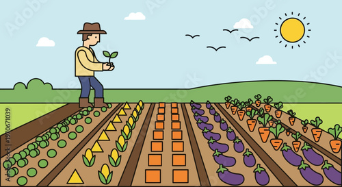 Gardener's Harvest: An animated depiction of a gardener, cultivating a vibrant vegetable garden, filled with an array of healthy crops, under the warm embrace of the sun.