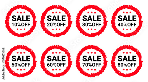Red Grunge Sale Stickers with 10 to 80 Percentage Off and Stars for Retail Promotion