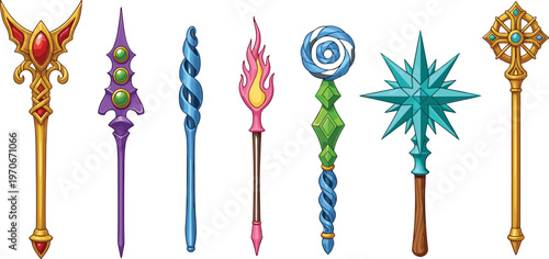 Set of Magical Wands with Colorful Designs and Gemstones for Fantasy, Magic, and Adventure Illustrations