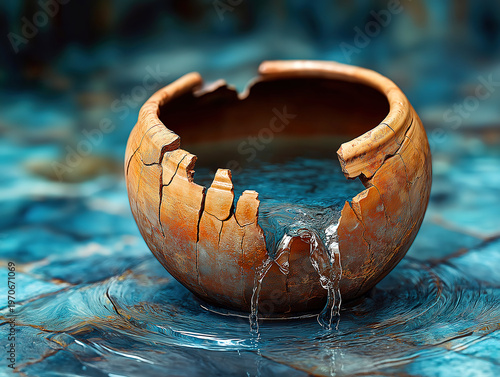 Broken Clay Vessel and Water Spreading Across the Ground
