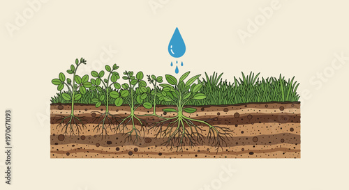Nourishing Life: A cross-section showcases the nurturing process of plant growth, with water droplets seeping into the soil, sustaining vibrant green foliage.