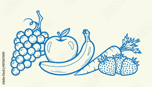 Assortment of fresh fruits and vegetables, blue outline drawing, healthy food.