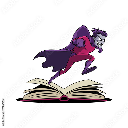 Evil villain superhero character jumping out from an open book concept illustration featuring a dynamic cartoon style design with a purple cape and dramatic expression