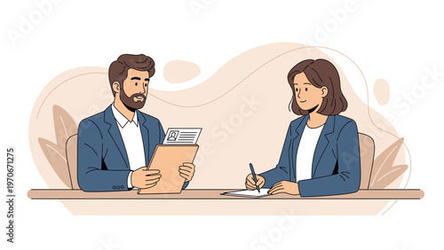 Job Interview: Man Holding Resume, Woman Writing Notes