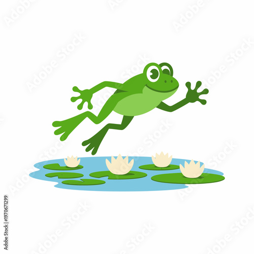Cheerful green frog leaping over a serene pond with floating white water lily flowers and lush green pads in a minimalist vector illustration for childrens book design