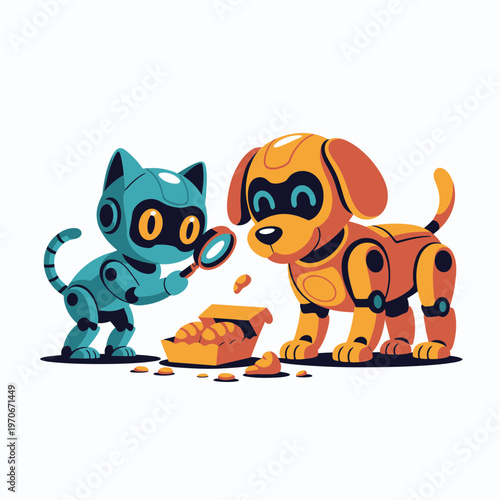 Cute robotic cat examining box of treats with mechanical dog friend in minimalist vector illustration style featuring playful characters and vibrant flat color palette