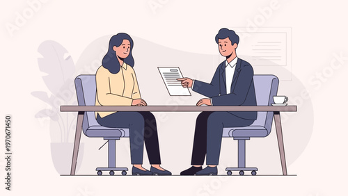 Job Interview: Candidate and Recruiter Discussing Contract at Desk