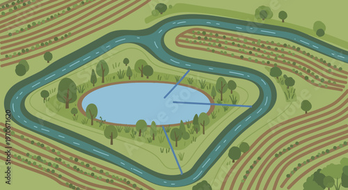 Green landscape with winding road and pond